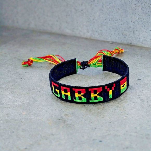 Gabby Name Bracelet Ghana Handmade Stitched Slide Jewelry Gabrielle Black Cuff - Picture 1 of 6